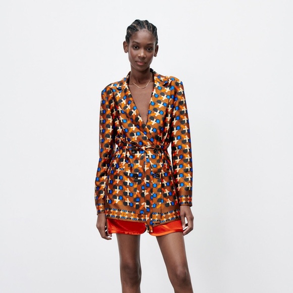Zara Jackets & Blazers - Zara Satin Printed Blazer with Belt Size Large
